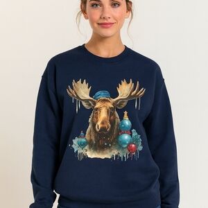 🎄 Moose Christmas Long Sleeve Tee – Navy, Unisex, Cozy Winter Graphic